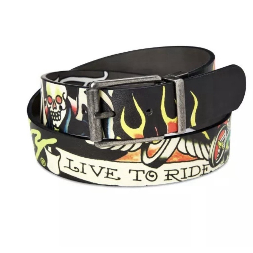 Ed Hardy Mens Reversible Flaming Skull Tattoo Belt Size 38 NWT